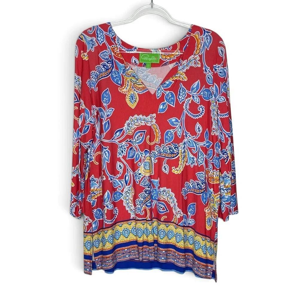 Pappagallo Floral Bright Red V-Neck 3/4 Sleeve Tunic Top Soft Flowy Womens Large